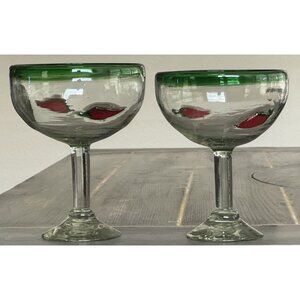 Mexican Hand-Blown Margarita Glasses With Red Pepper Design Set Of 2